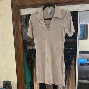 PRINCESS POLLY Tan Ribbed Collared Dress